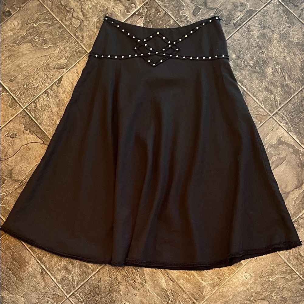 ICE Linen Blend Midi Full A-line Skirt w Silver Metal Studs Boho Western Indie